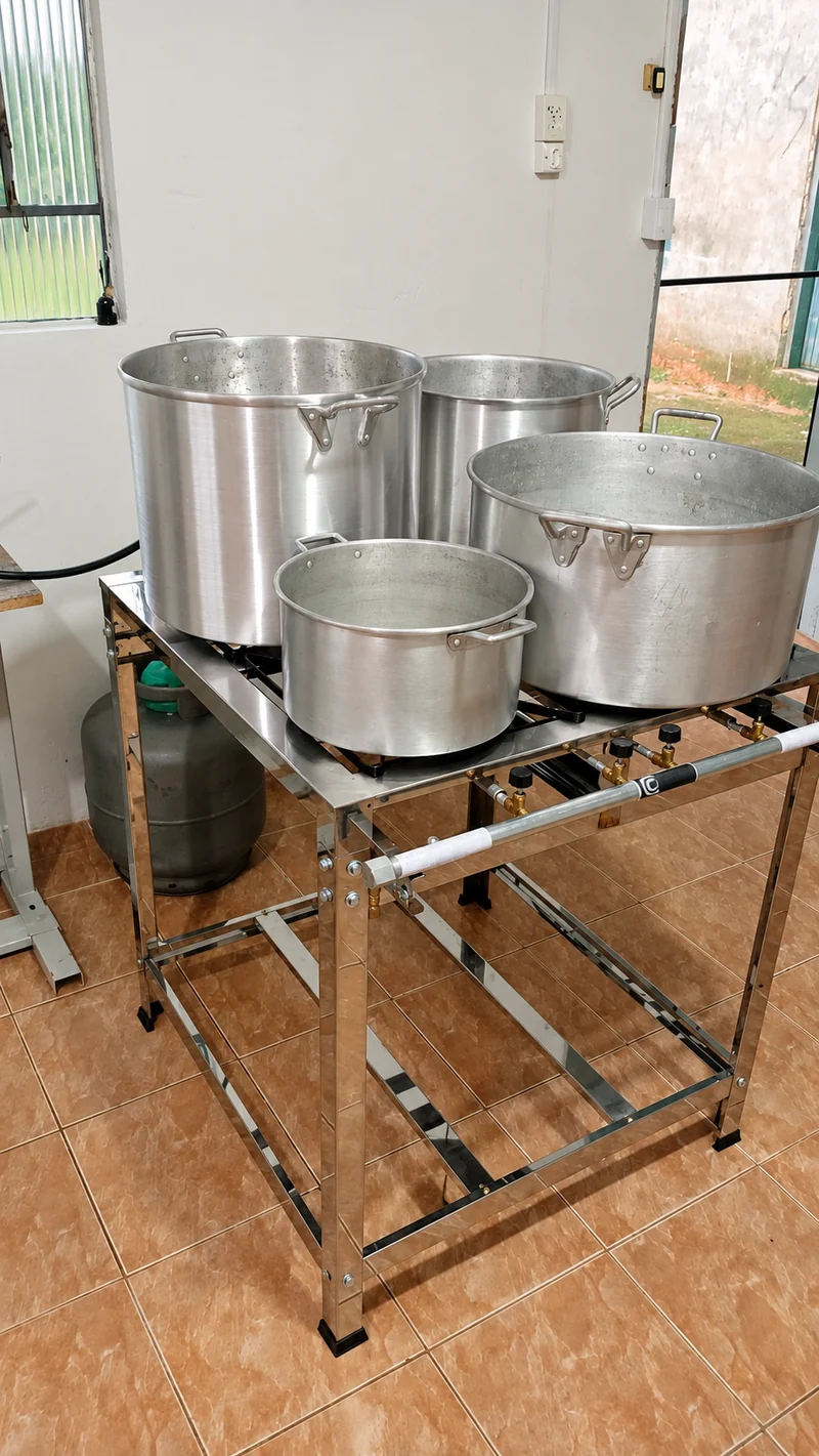 Panelas e fogão utilizados na área de produção SideAgro