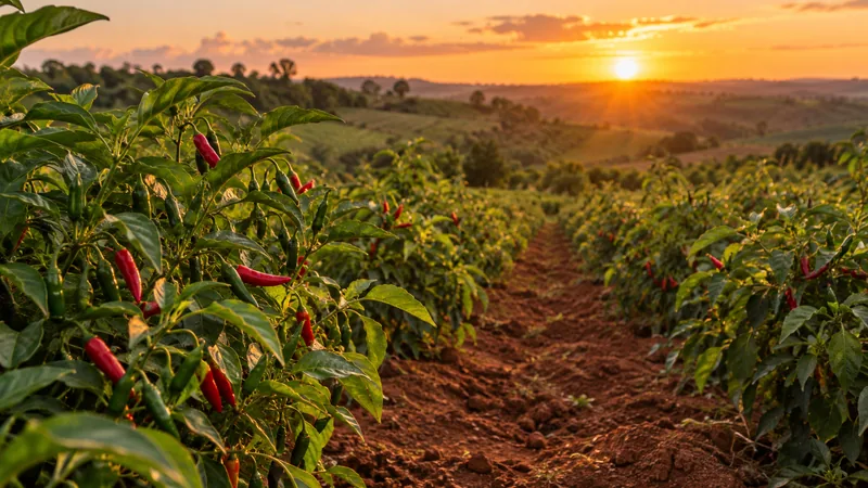 Ilustração fotorealista de uma pequena plantação de pimentas ao pôr do sol
